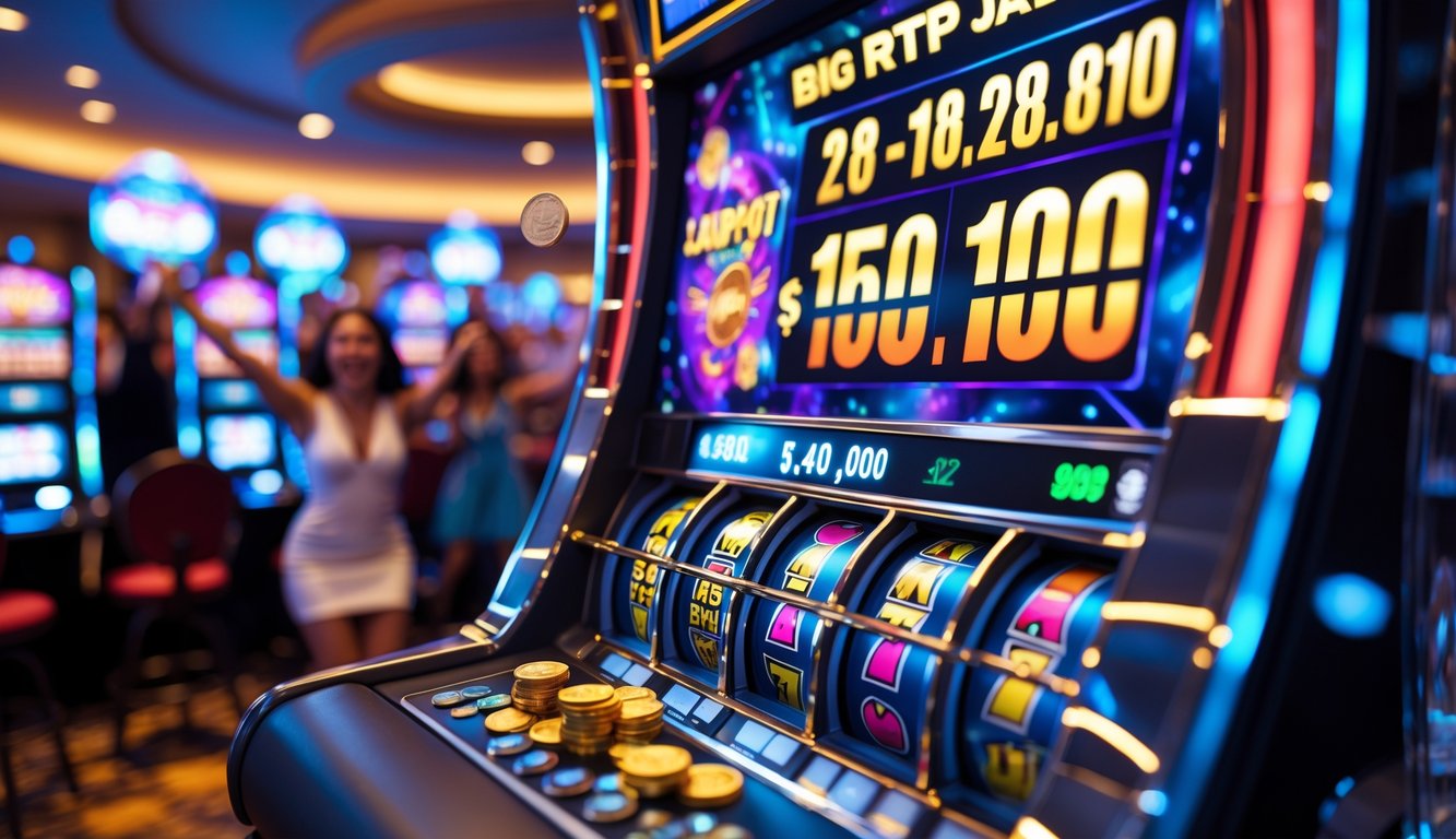 Suasana kasino dengan mesin slot modern yang menunjukkan jackpot besar dan orang-orang yang sedang merayakan kemenangan.