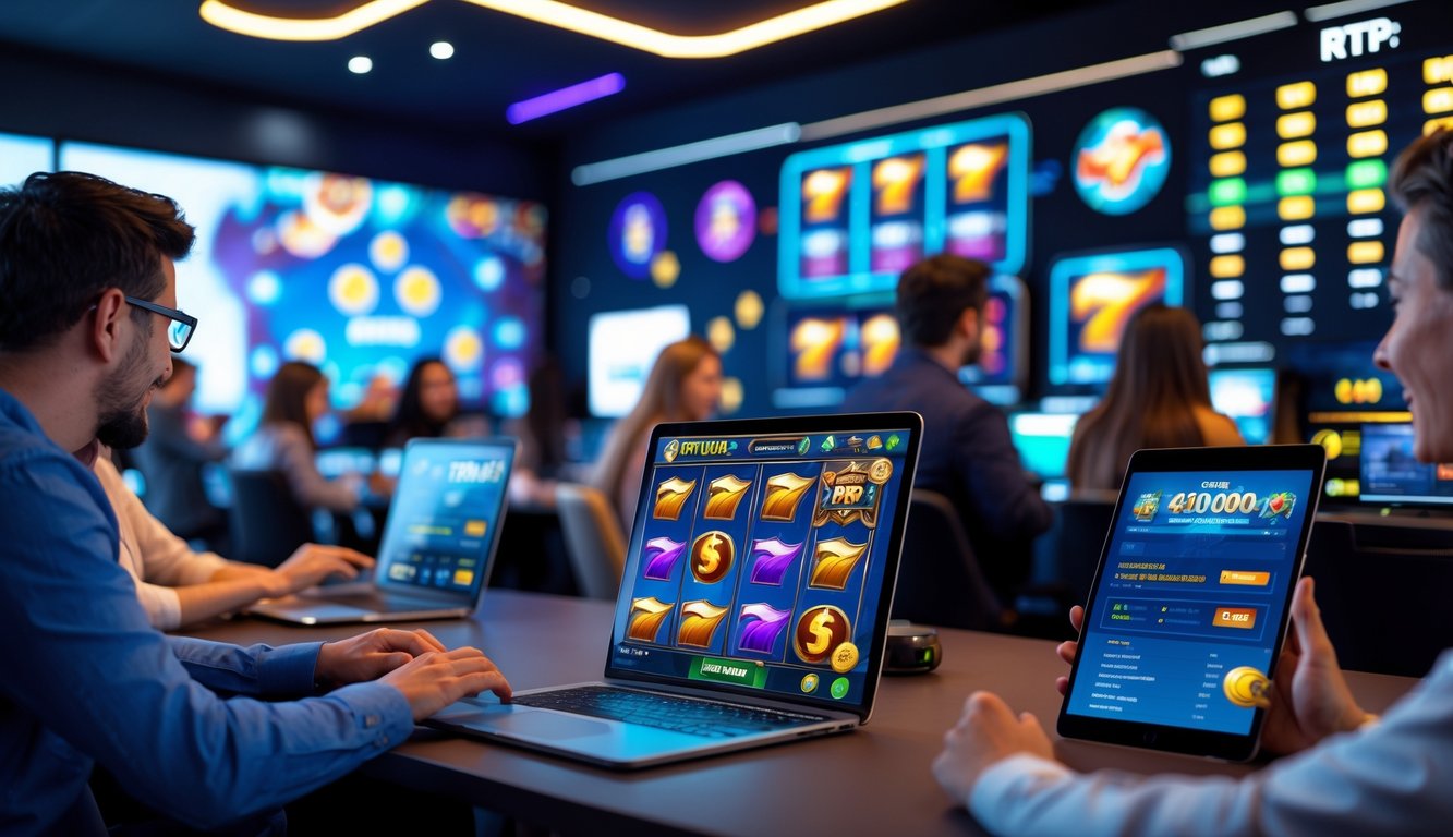 Beberapa orang menggunakan perangkat digital untuk bermain permainan slot online di ruangan yang terang dan modern.