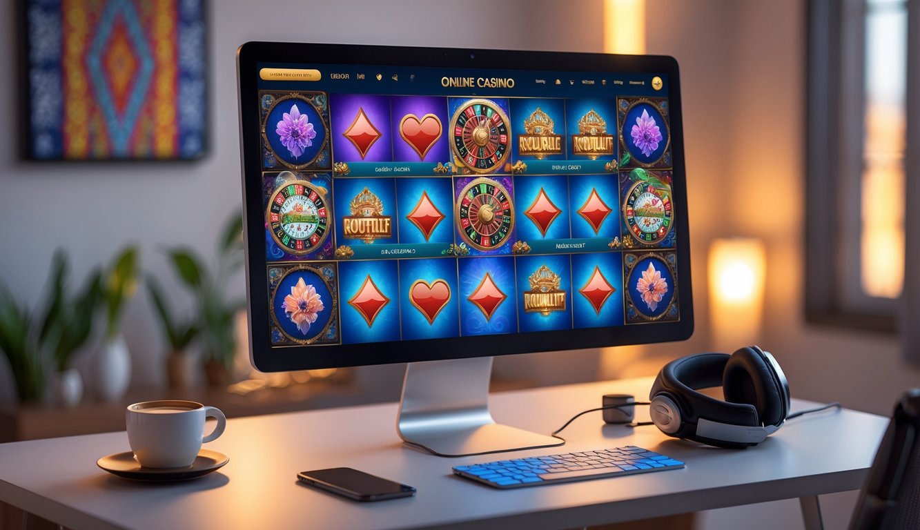 Layar komputer menampilkan permainan kasino online dengan latar belakang motif batik Indonesia dan suasana meja kerja yang rapi.