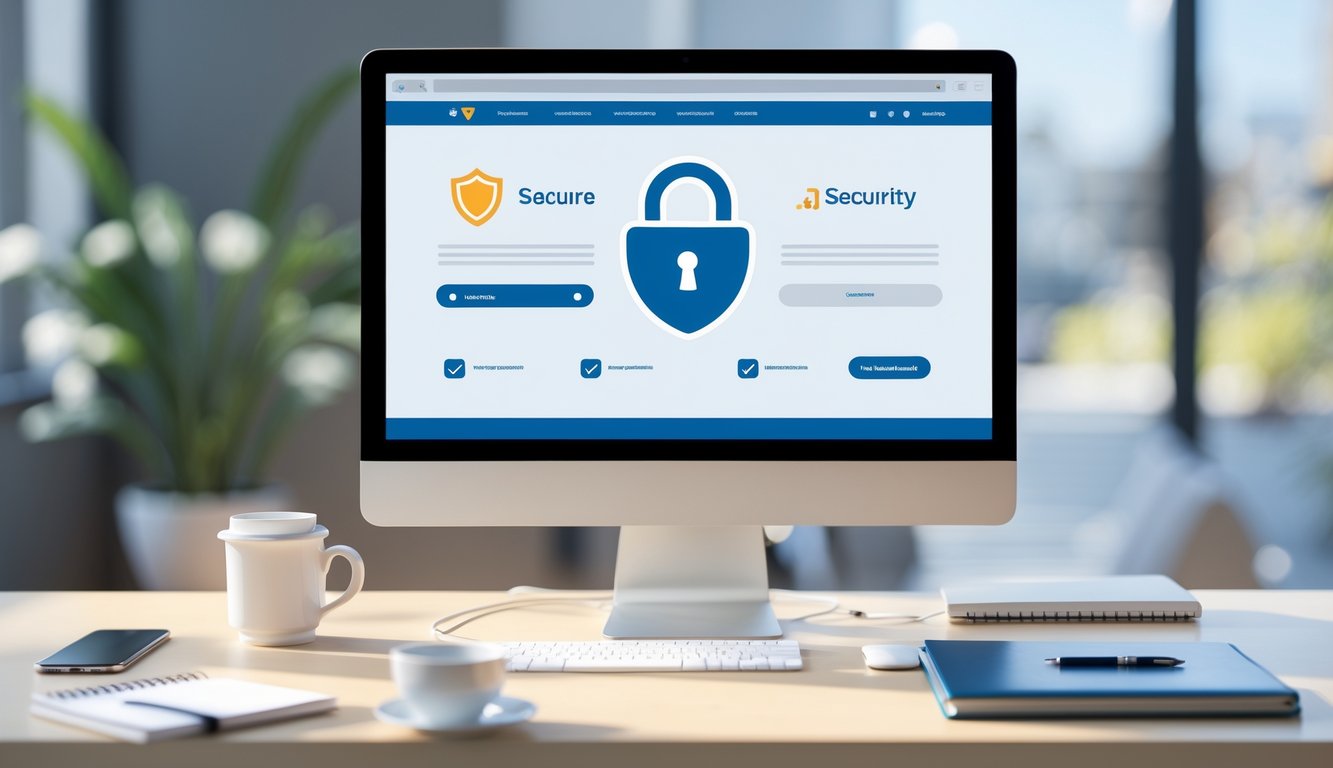 Meja kerja modern dengan komputer menampilkan antarmuka situs web yang aman, dilengkapi dengan ikon keamanan dan suasana profesional.