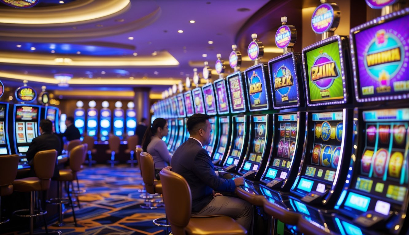 Area mesin slot kasino modern dengan mesin slot terbaru yang menyala dan pemain sedang bermain.