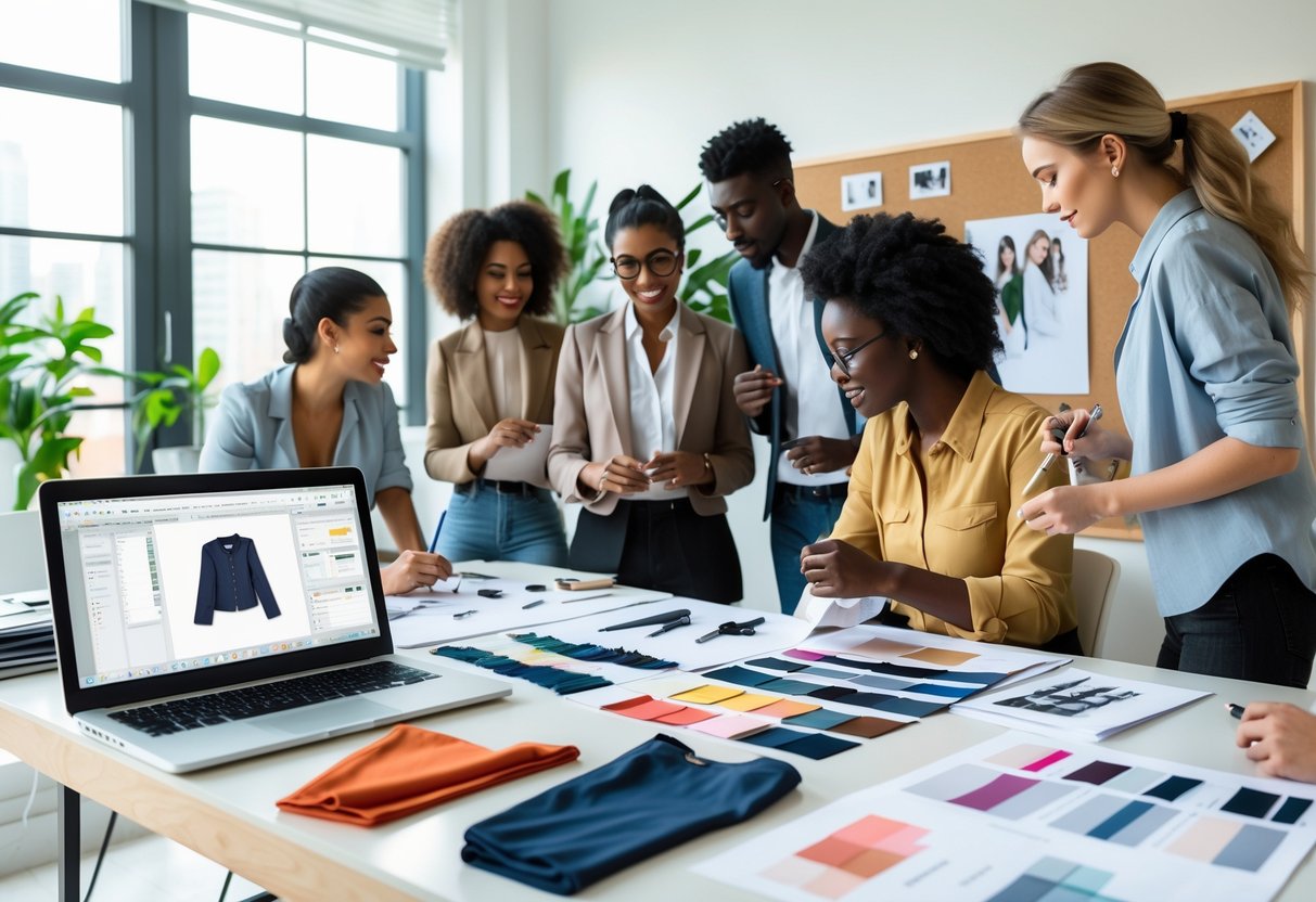 A group of people working together at a table with clothing sketches, fabric samples, and a laptop in a bright room.