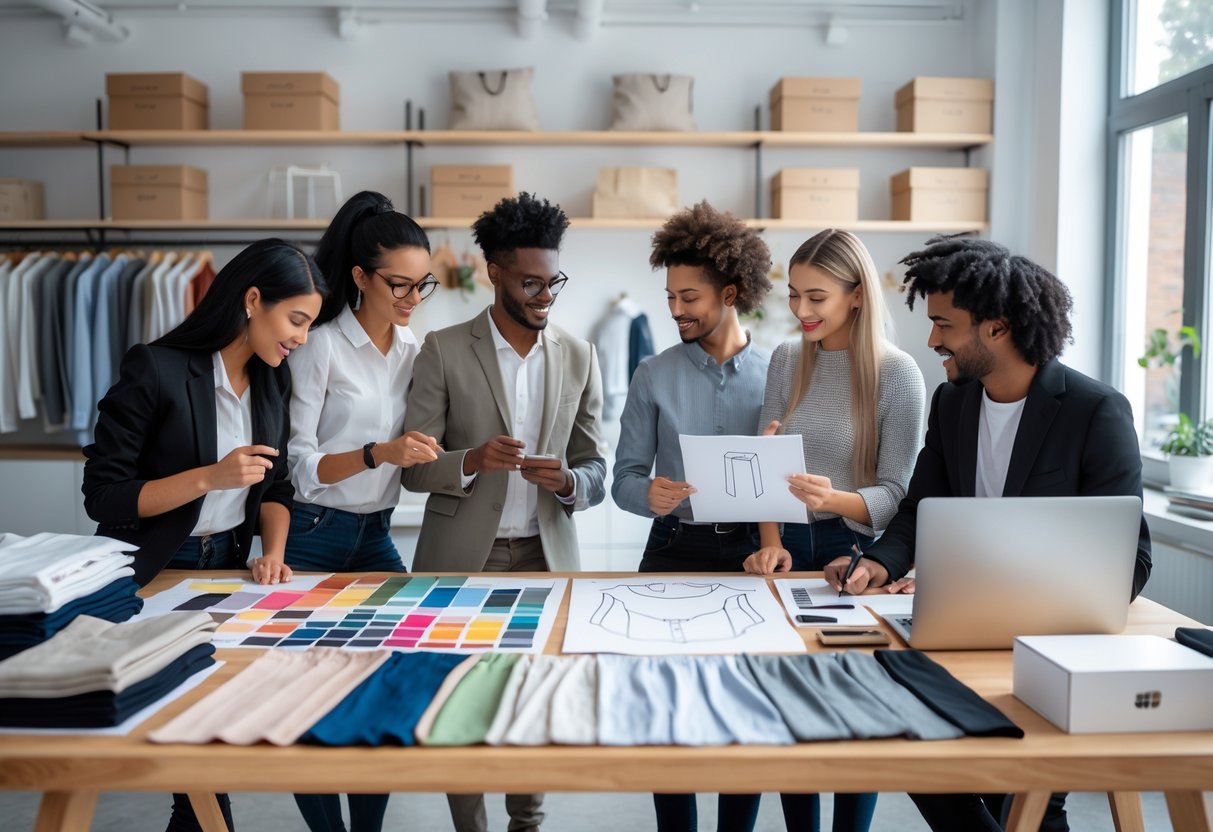 A group of people working together at a table with clothing samples, sketches, and a laptop in a bright room.