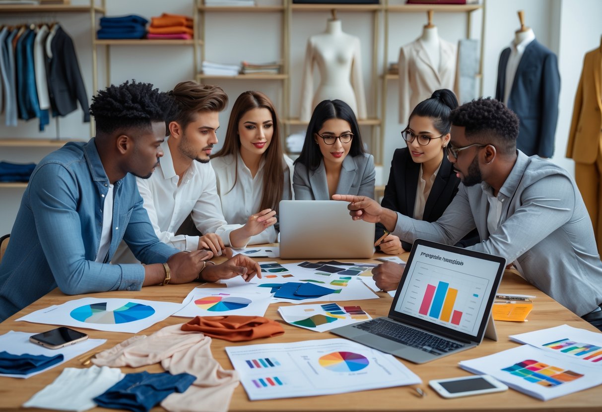 A group of young entrepreneurs working together around a table with fashion sketches, fabric samples, and laptops in a clothing design workspace.