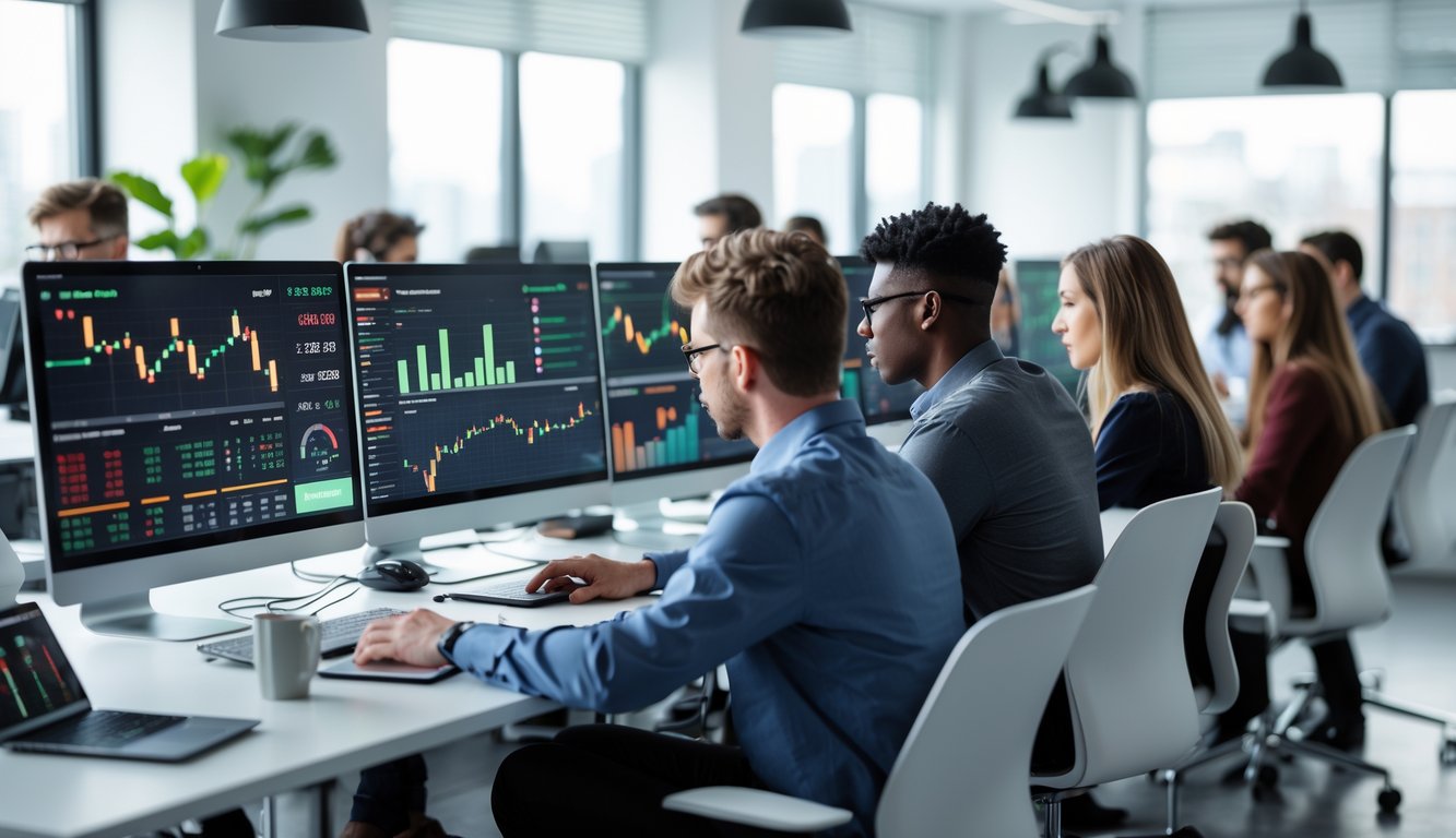 Sekelompok profesional muda bekerja di kantor modern dengan beberapa layar komputer menampilkan grafik dan data keuangan.