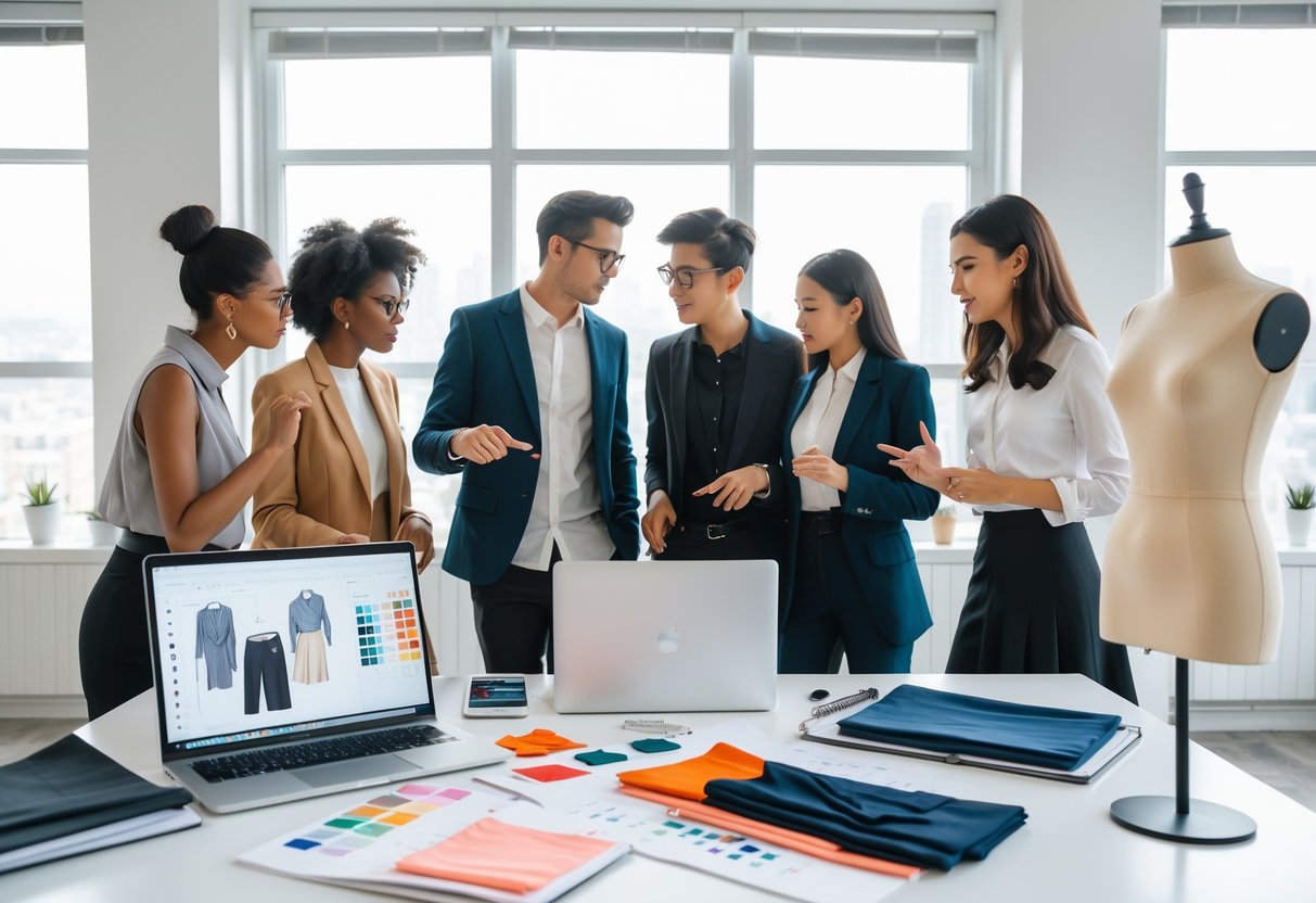 A group of young people working together at a desk with clothing designs, fabric samples, and a mannequin in a bright workspace.