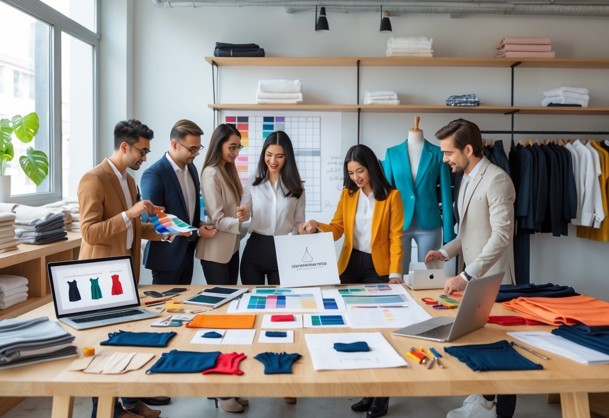 A group of people working together at a table with fabric samples, clothing sketches, and laptops in a bright room filled with clothing and mannequins.