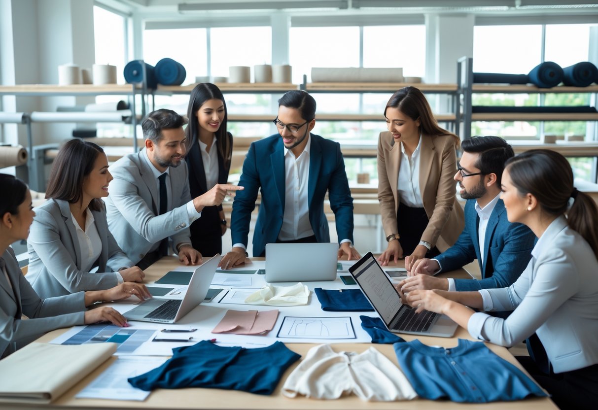 A group of professionals collaborating around a table with clothing samples, fabric swatches, and laptops in a bright workspace focused on clothing manufacturing.