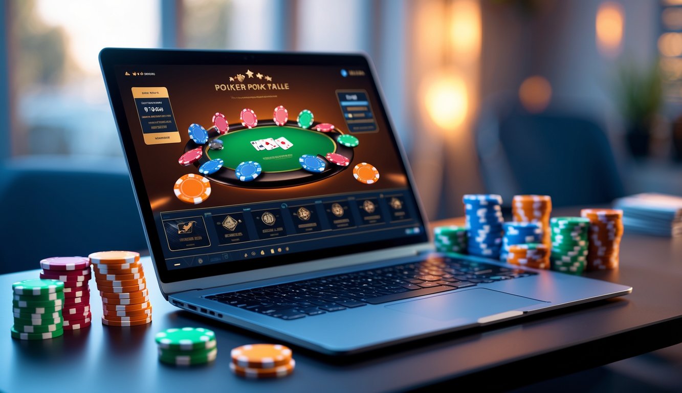Seorang pemain duduk di depan laptop dengan permainan poker online yang terlihat di layar, dikelilingi chip poker dan kartu remi di atas meja.