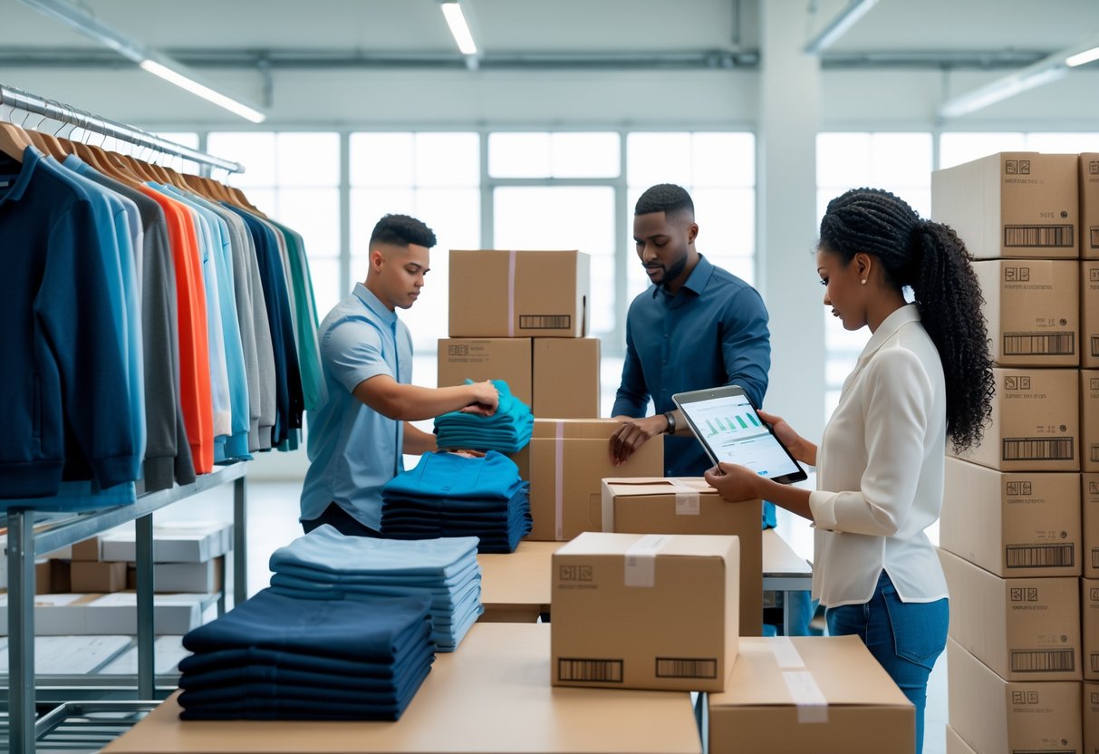 People working in a clothing production and packaging area with folded clothes, boxes, and inventory management tools.