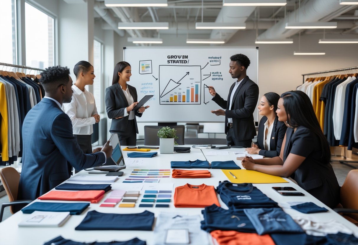 A team of professionals collaborating in an office with clothing samples, fabric swatches, and marketing materials, discussing sales and growth strategies for a clothing brand.