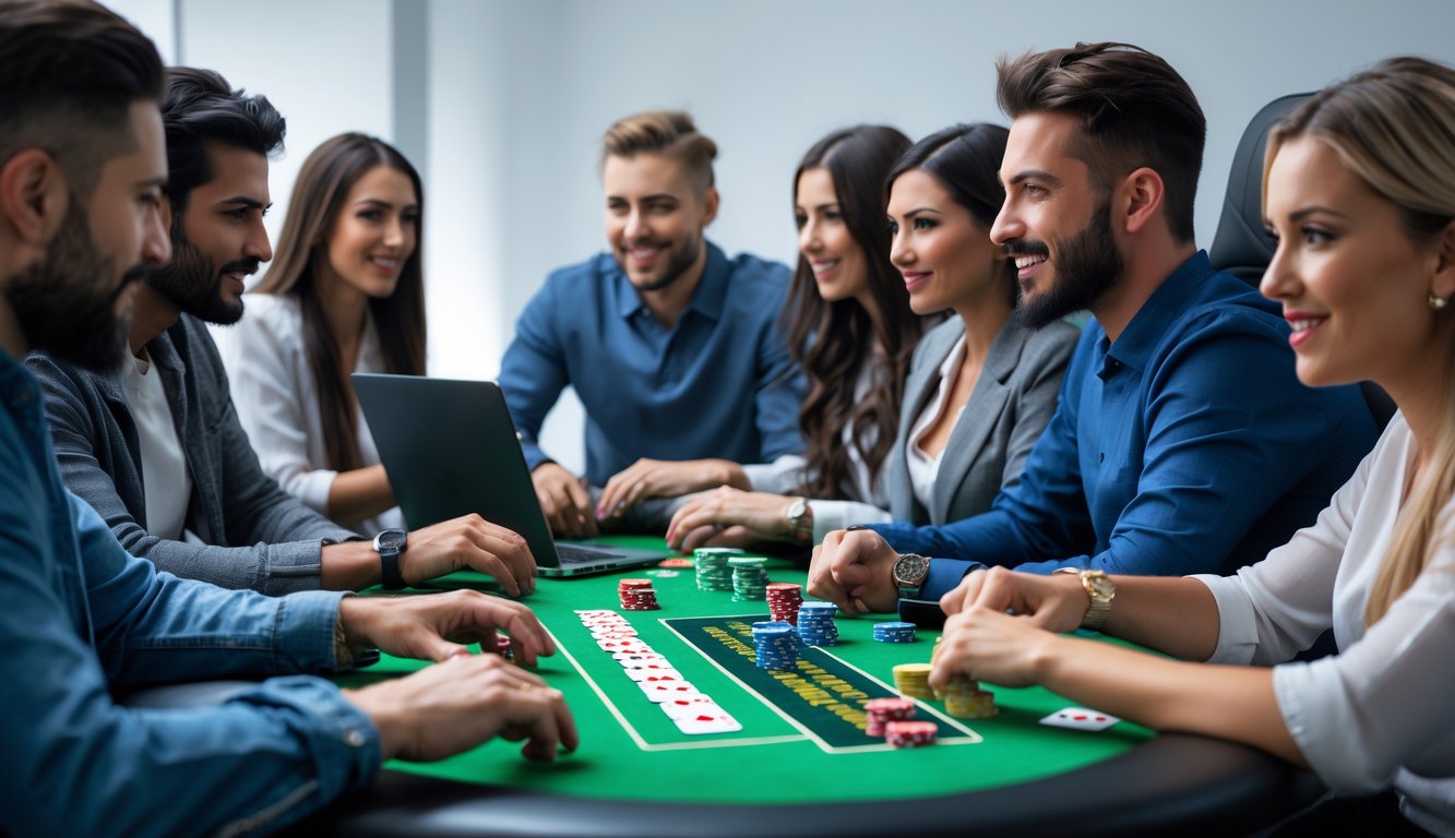 Beberapa orang fokus bermain poker online menggunakan komputer di ruang kerja modern dengan chip dan kartu poker di layar.