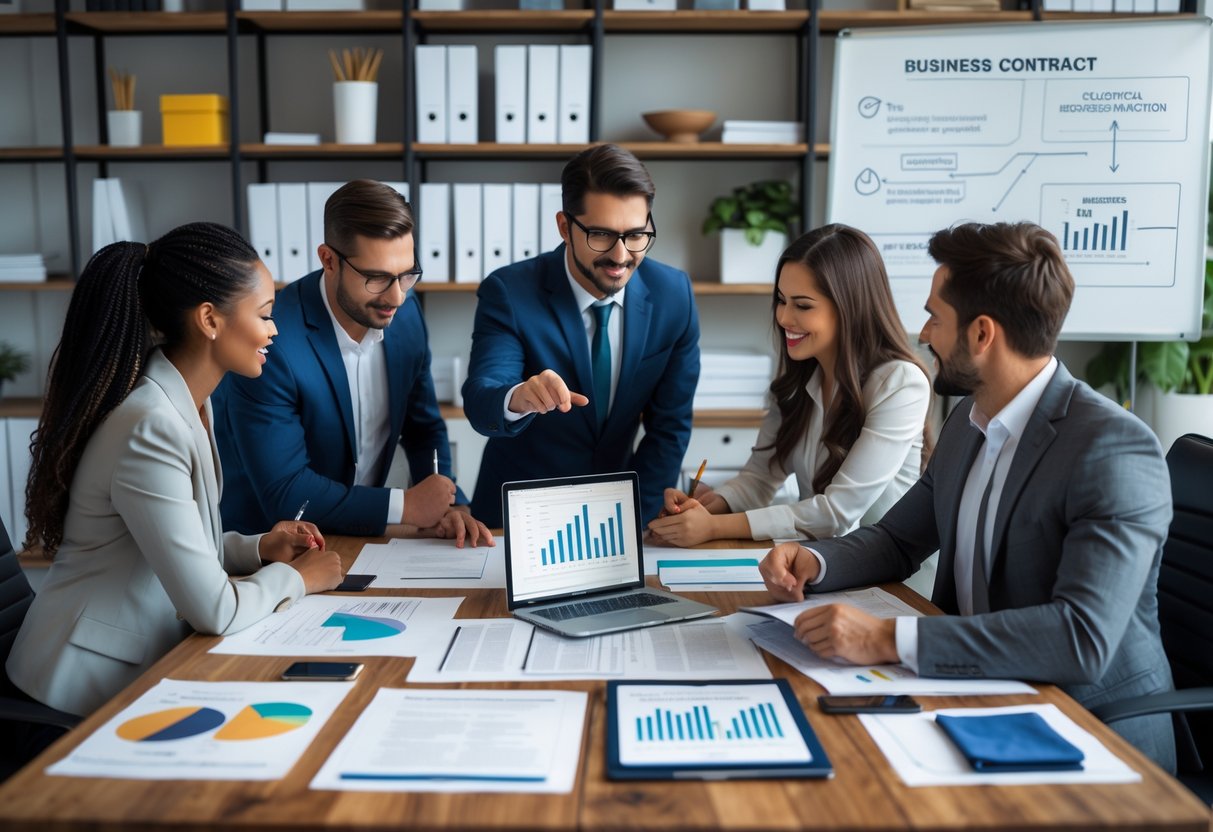 A group of professionals working together at a table with documents, fabric samples, and a laptop in an office setting.