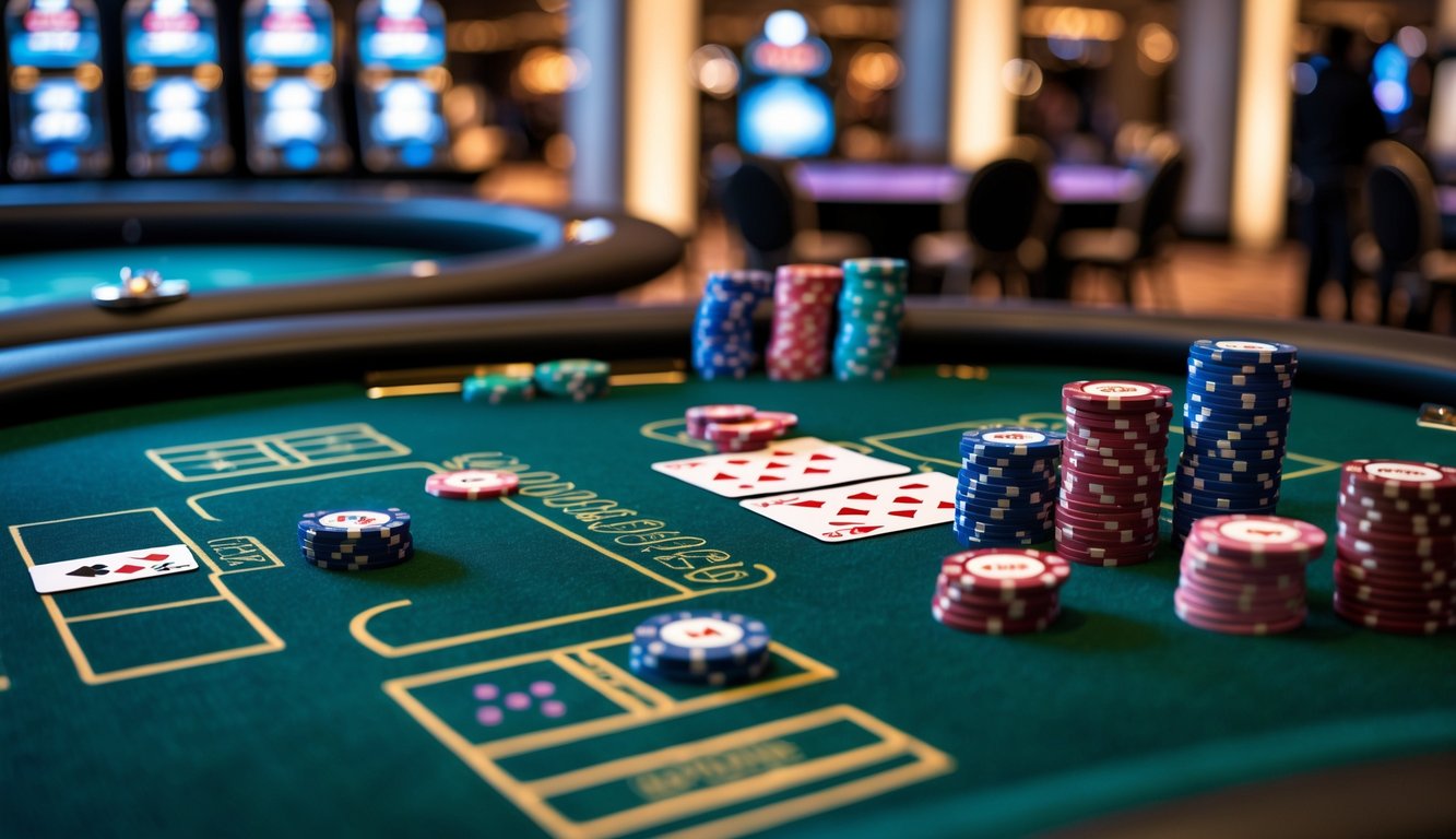 Meja poker dengan chip dan kartu bermain di kasino mewah.