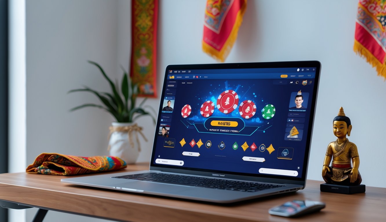 Seseorang bermain poker online di depan komputer dengan elemen budaya Indonesia di latar belakang.