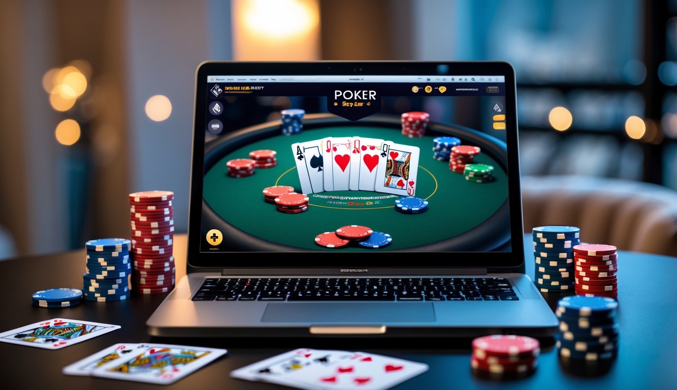 Seorang pemain poker online menggunakan laptop dengan kartu dan chip poker di meja yang rapi.