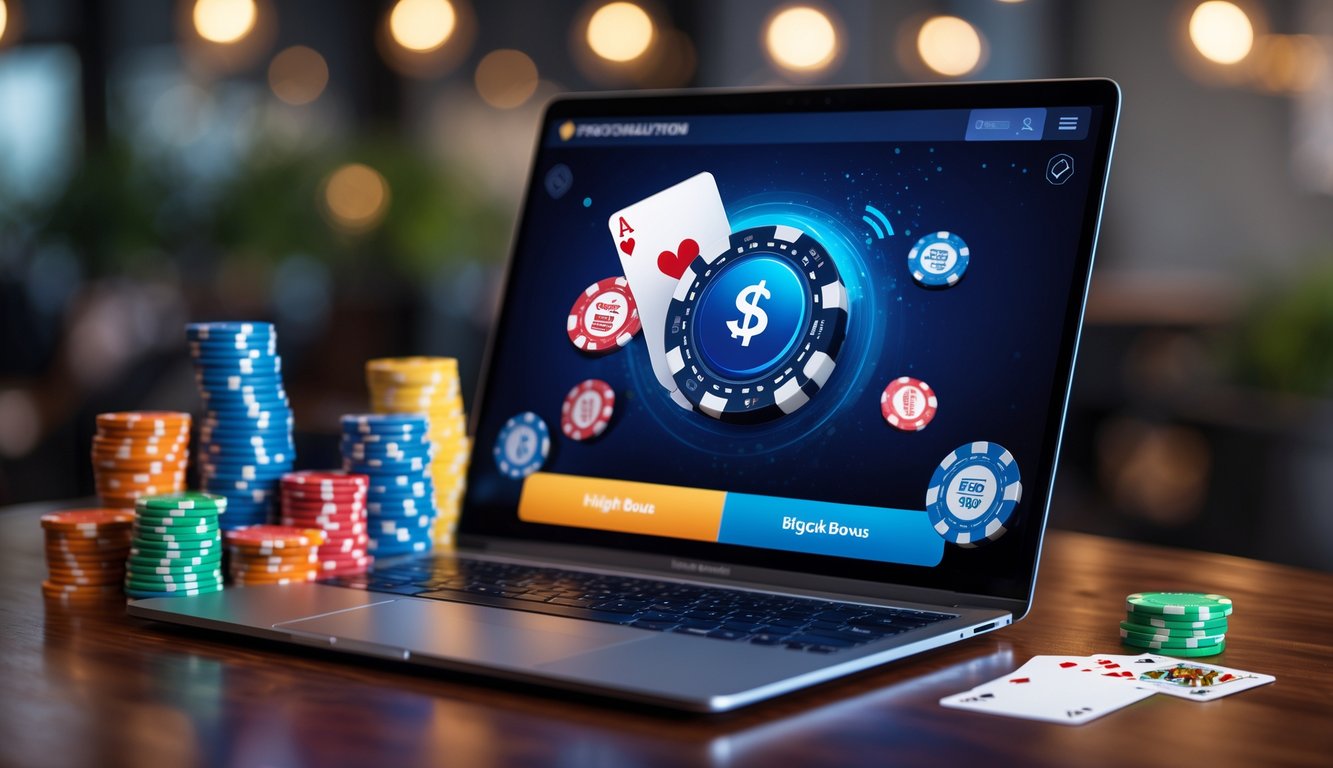 Sebuah laptop menampilkan permainan poker online dengan chip poker dan kartu di atas meja kayu.