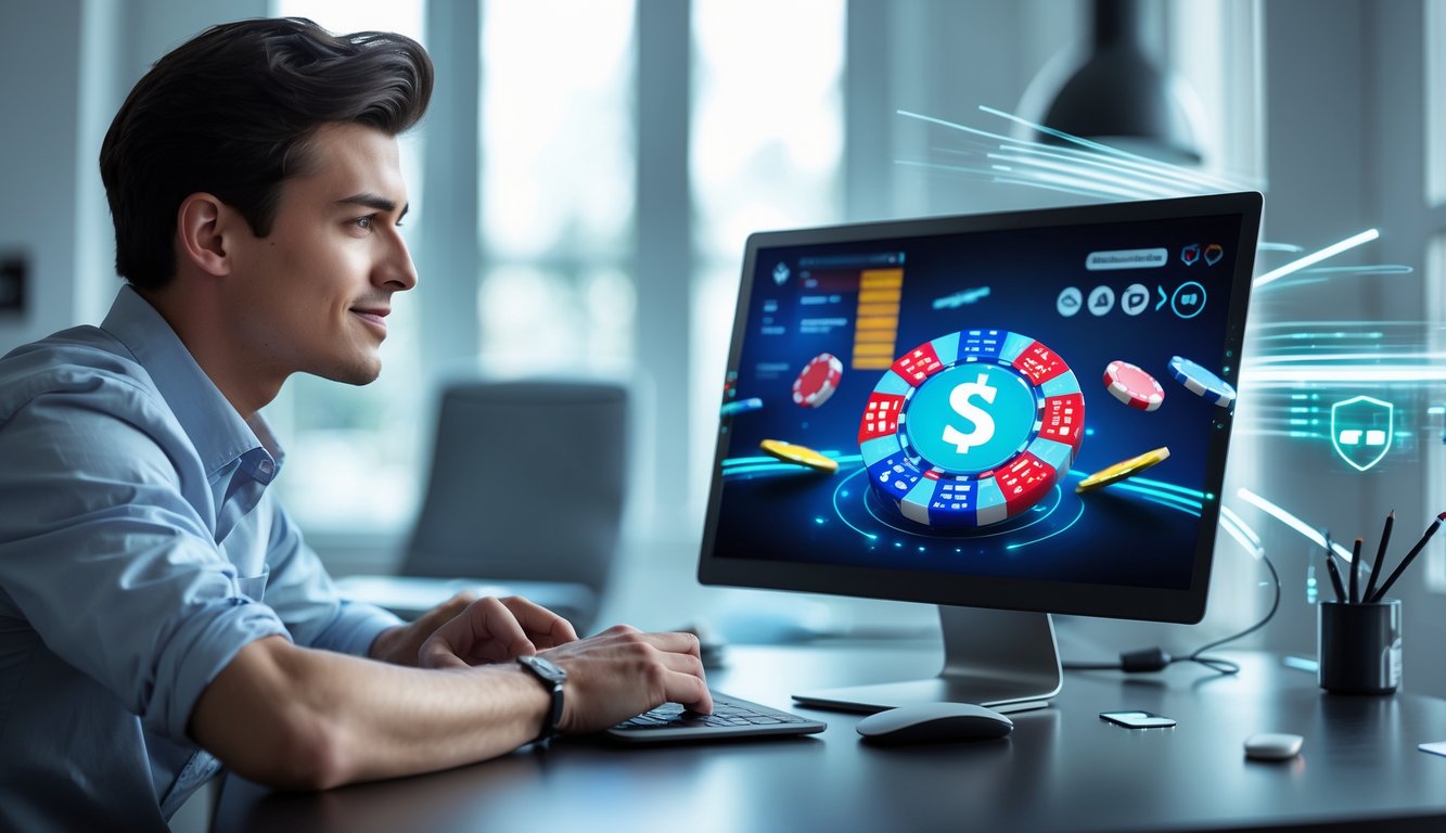 Seseorang sedang bermain poker online dengan laptop di meja kerja yang rapi dan pencahayaan alami.