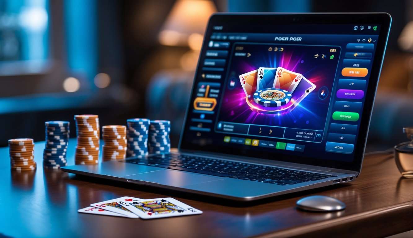 Setup permainan poker online dengan komputer, kartu remi, dan tumpukan chip di atas meja kayu.