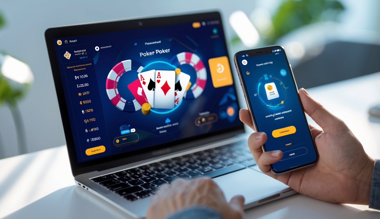 Seseorang menggunakan ponsel dan laptop untuk melakukan deposit pulsa pada permainan poker online.