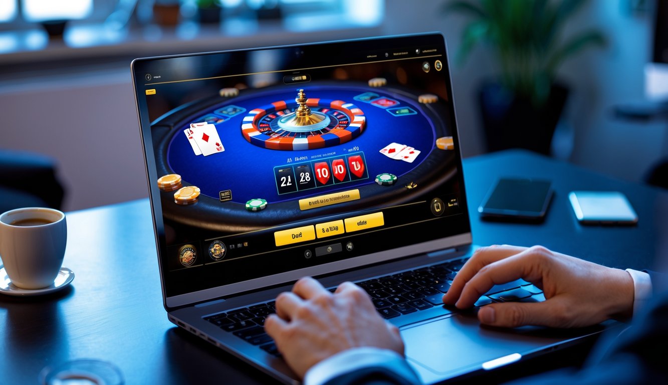 Seorang pemain sedang bermain poker online di depan komputer dengan layar menampilkan permainan poker dan jackpot yang menyala.