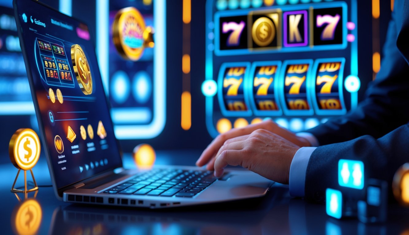 Seorang profesional menggunakan laptop dengan tampilan permainan slot di layar dalam suasana digital yang modern dan aman.