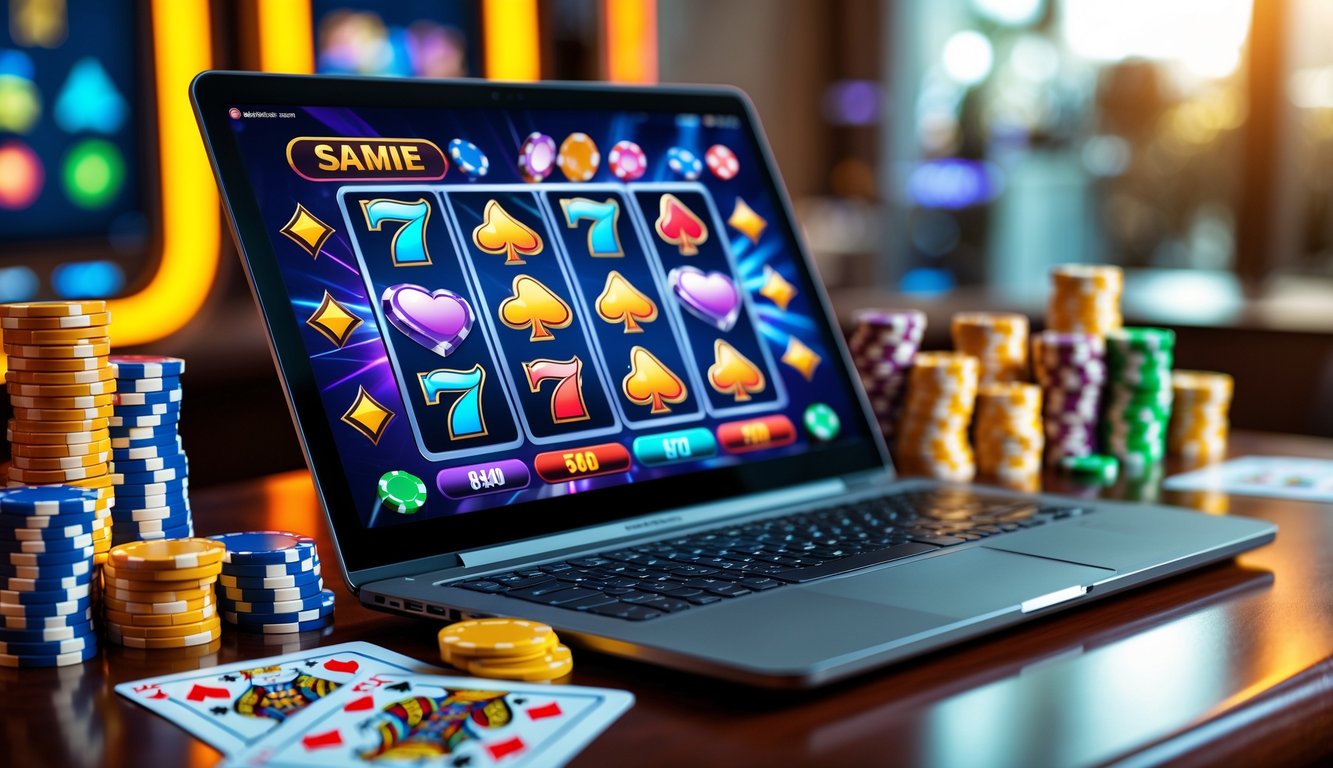 Sebuah laptop modern dengan layar menampilkan permainan slot, dikelilingi oleh chip poker warna-warni dan koin emas di atas meja kayu.