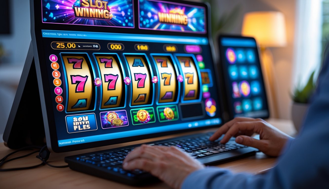 Seseorang sedang menggunakan komputer dengan tampilan permainan mesin slot yang berwarna-warni di layar.
