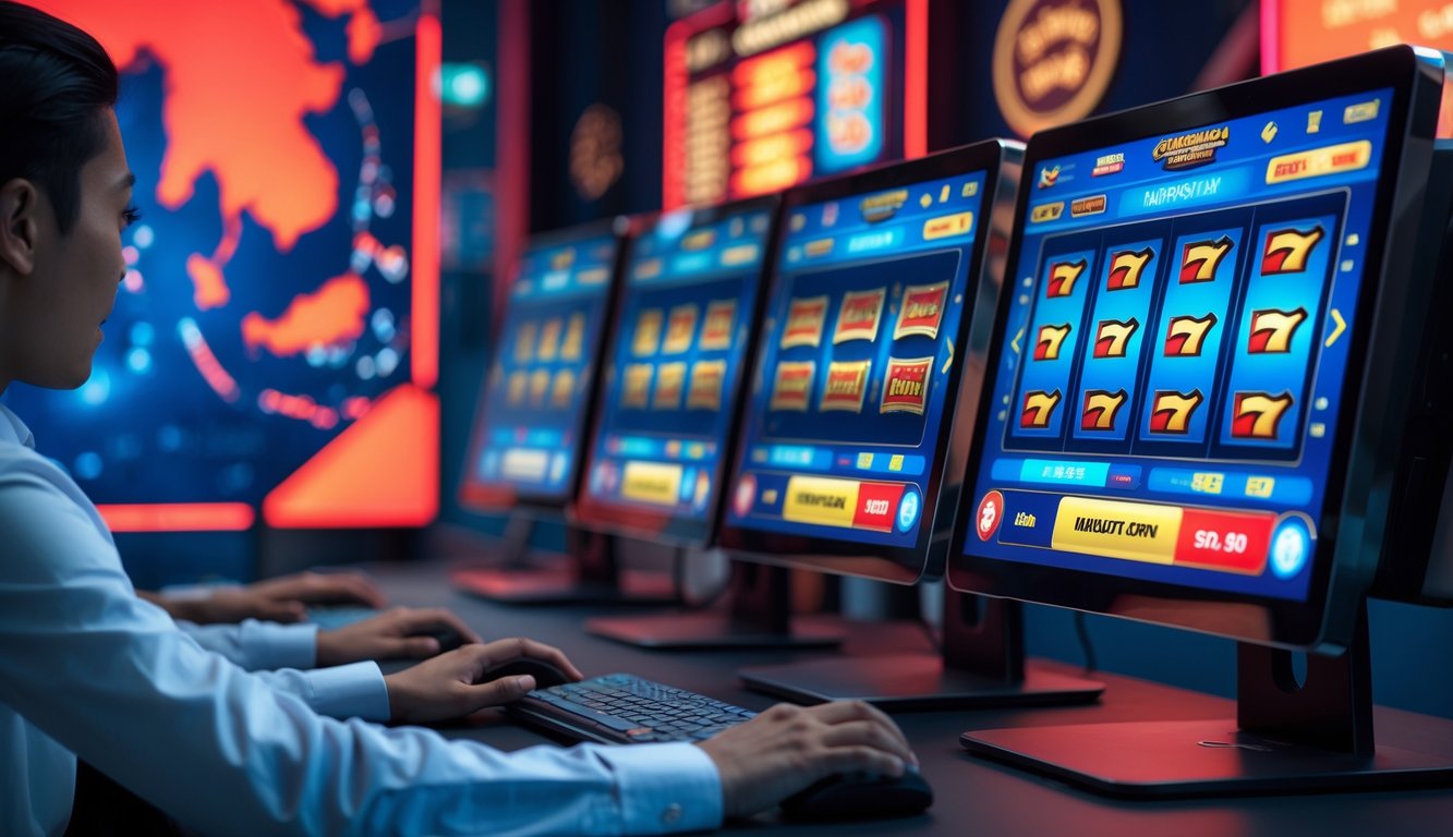 Seseorang menggunakan komputer dengan tampilan mesin slot digital di layar, dengan latar belakang elemen yang mewakili Indonesia.