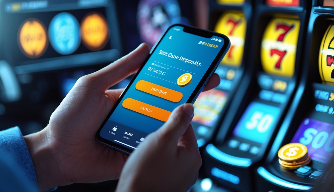 Seseorang memegang ponsel dengan tampilan antarmuka aplikasi pembayaran digital untuk deposit permainan slot.