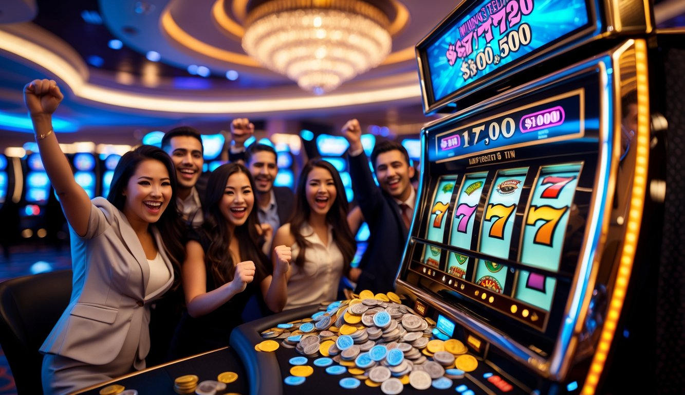 Orang-orang merayakan kemenangan besar di mesin slot di dalam kasino yang mewah.