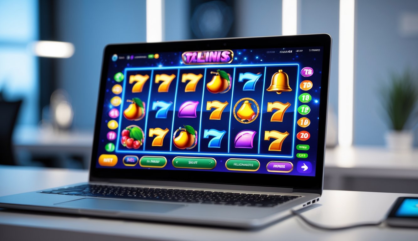 Seorang pengguna bermain permainan slot online di komputer dengan latar belakang yang menunjukkan simbol keamanan digital.