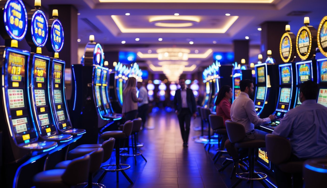 Area kasino dengan mesin slot menyala dan orang-orang bermain di dalamnya.