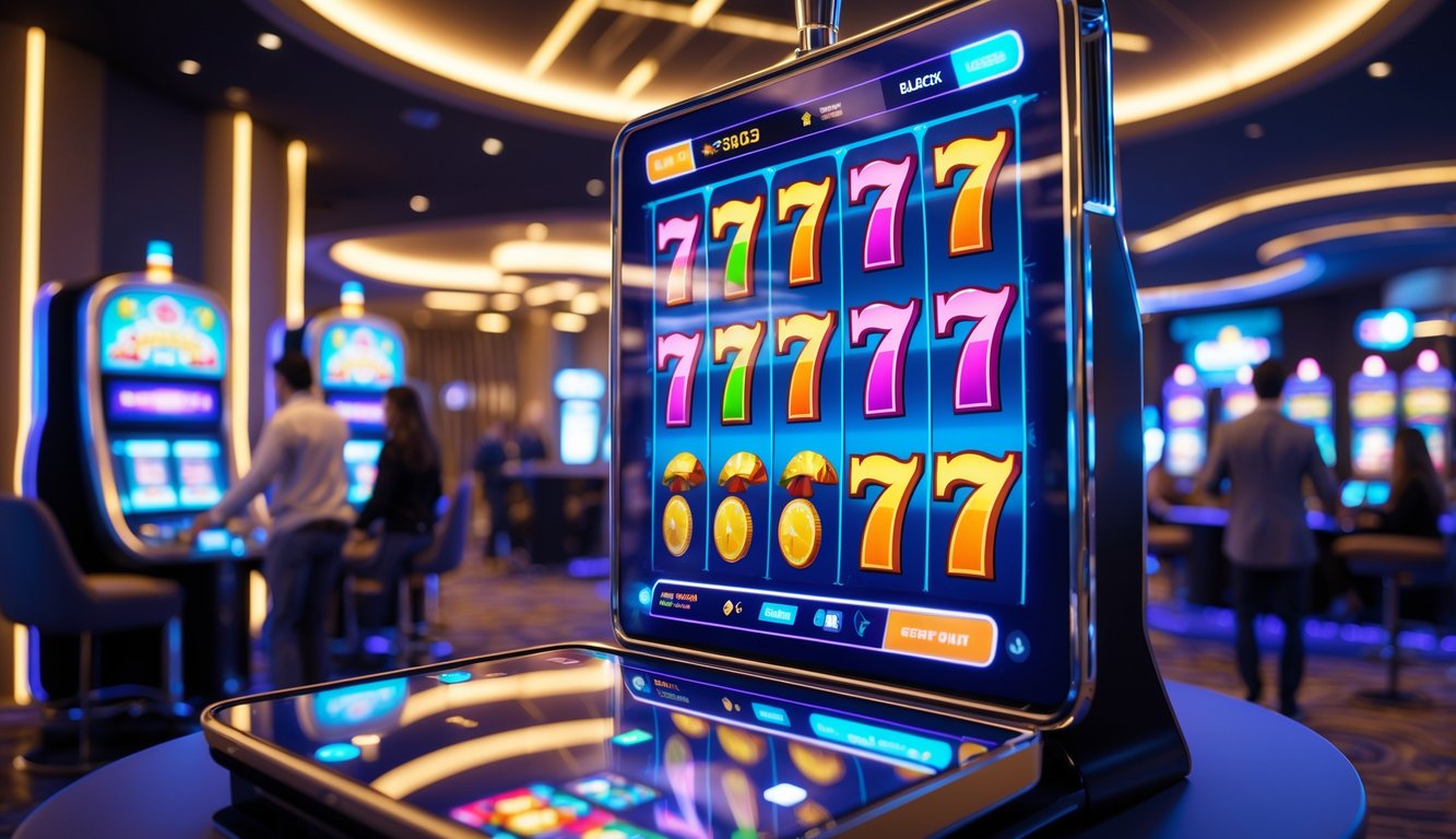 Suasana ruang kasino modern dengan mesin slot digital dan pemain yang sedang bermain menggunakan perangkat elektronik.