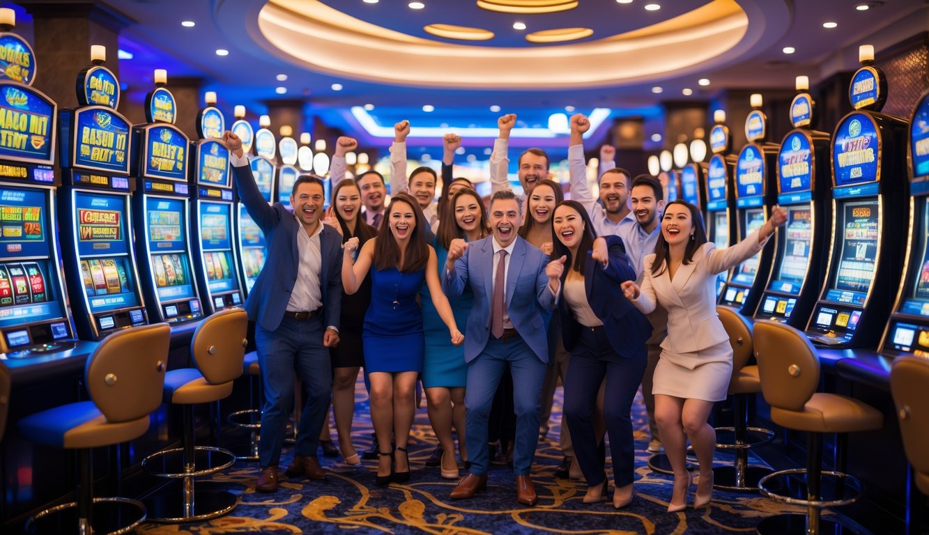 Orang-orang bahagia merayakan kemenangan di depan mesin slot berwarna-warni di dalam kasino modern.