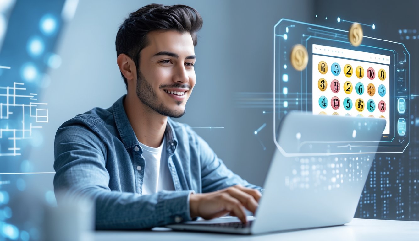 Seorang dewasa muda tersenyum menggunakan laptop di lingkungan digital yang modern dan profesional.
