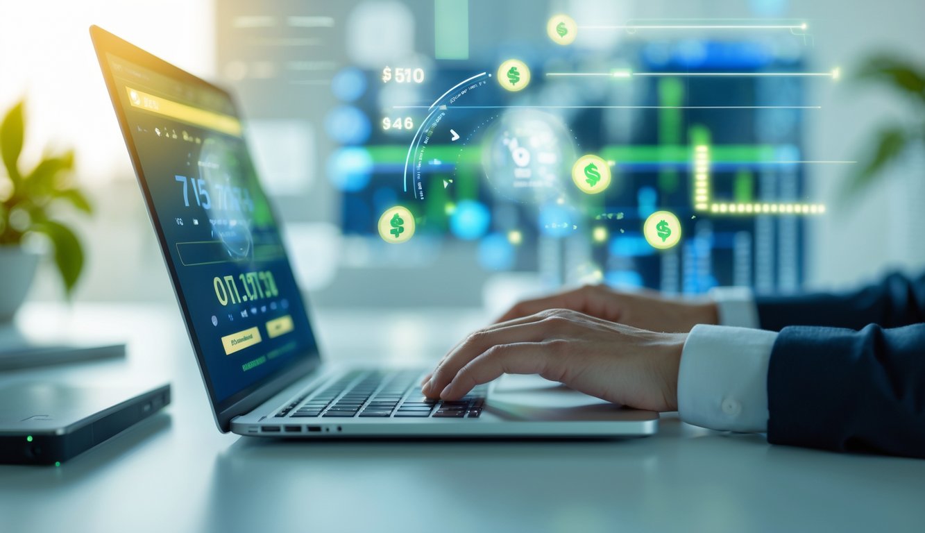 Seseorang menggunakan laptop di ruang kerja modern dengan elemen digital di latar belakang yang menunjukkan aktivitas togel online.