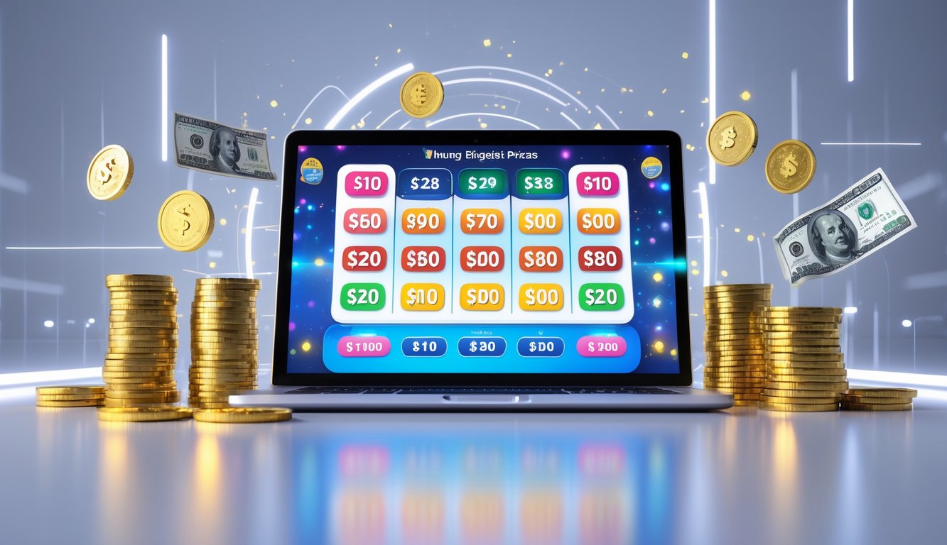 Sebuah laptop atau ponsel menampilkan antarmuka lotere online dengan tumpukan uang dan koin emas di sekitarnya.