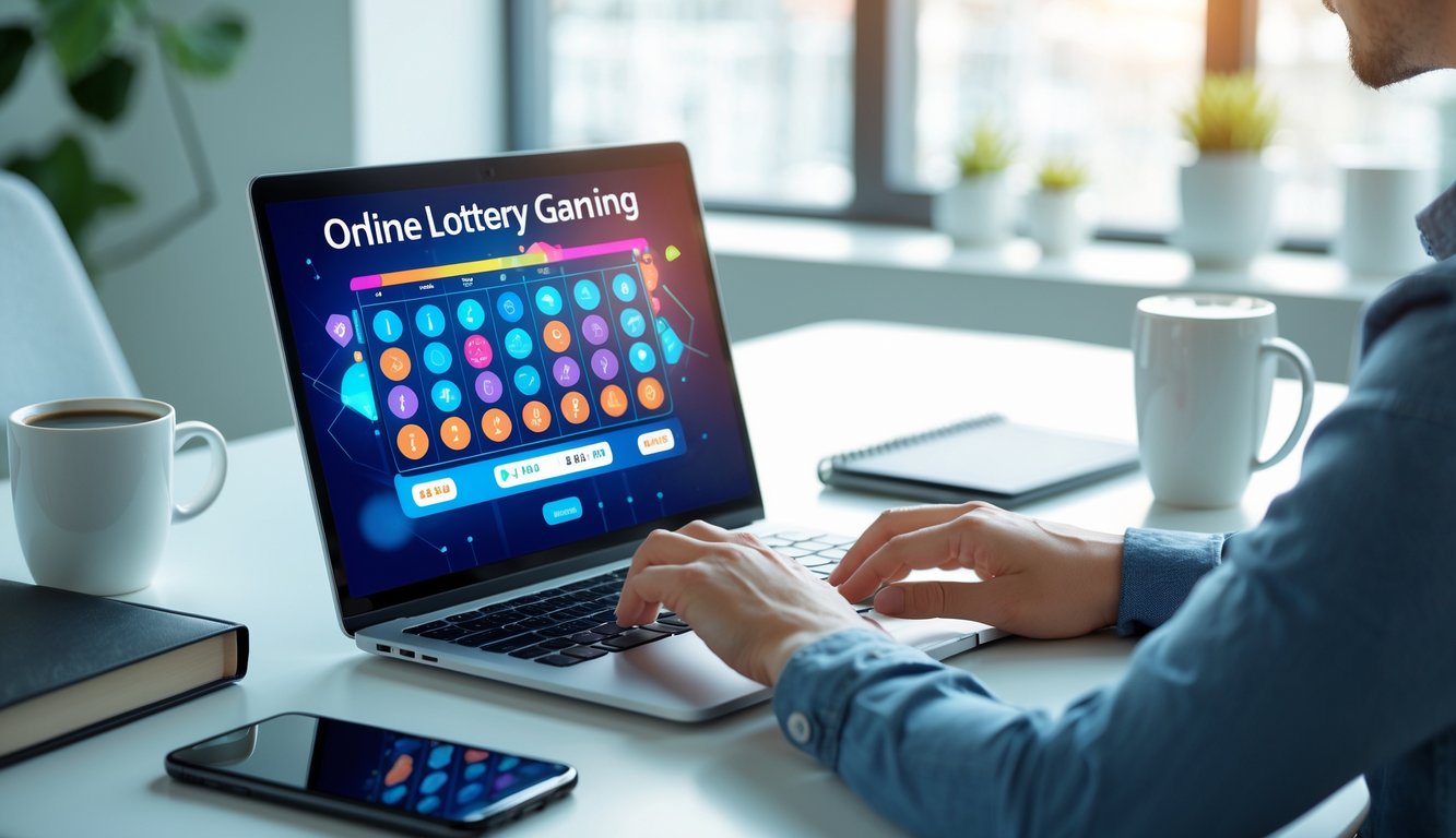 Seseorang menggunakan laptop di meja kerja dengan tampilan antarmuka lotere online, dikelilingi oleh perlengkapan kantor di ruangan yang terang dan rapi.