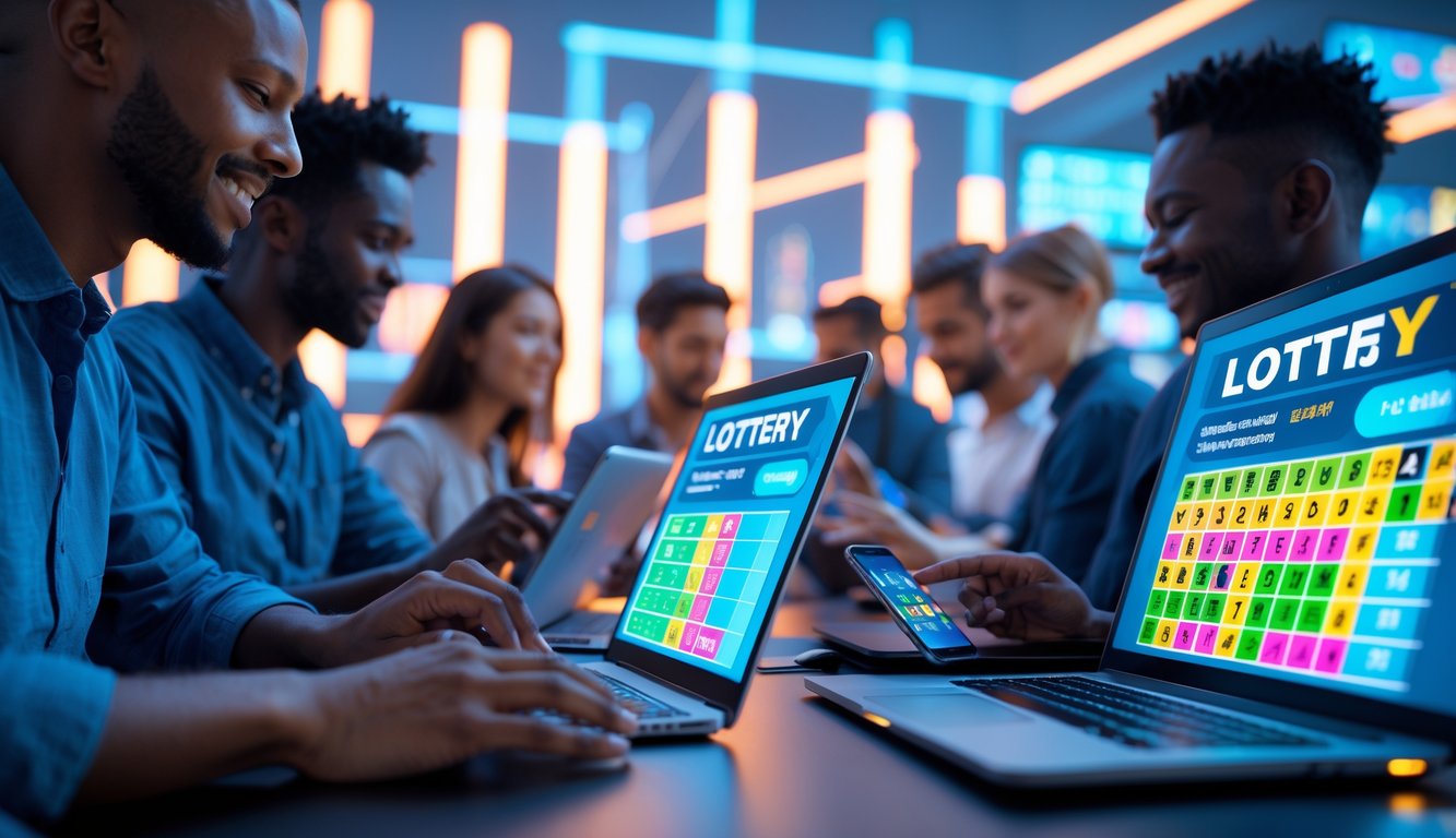 Orang-orang menggunakan perangkat elektronik untuk bermain togel online di lingkungan digital modern.