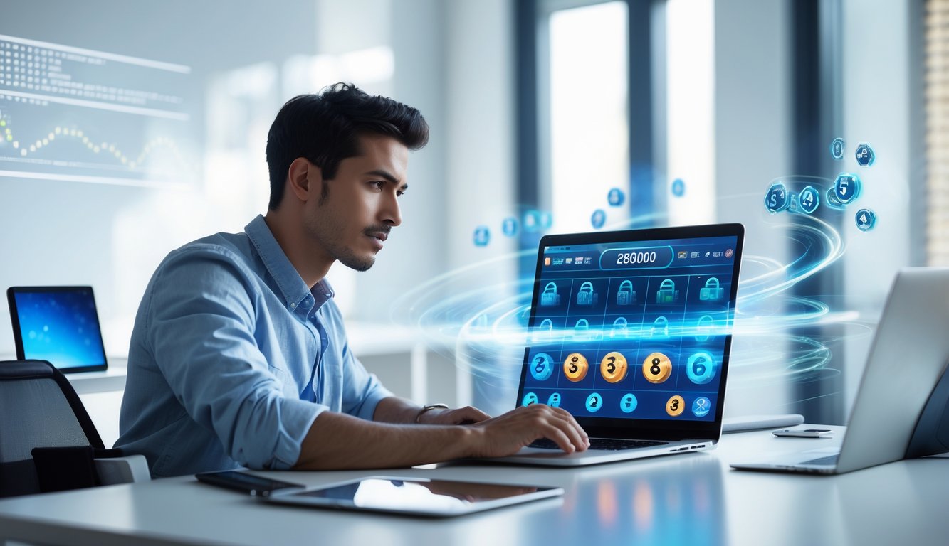 Seseorang menggunakan laptop di meja kerja dengan perangkat teknologi dan elemen digital yang menunjukkan keamanan dan kecepatan situs togel online.