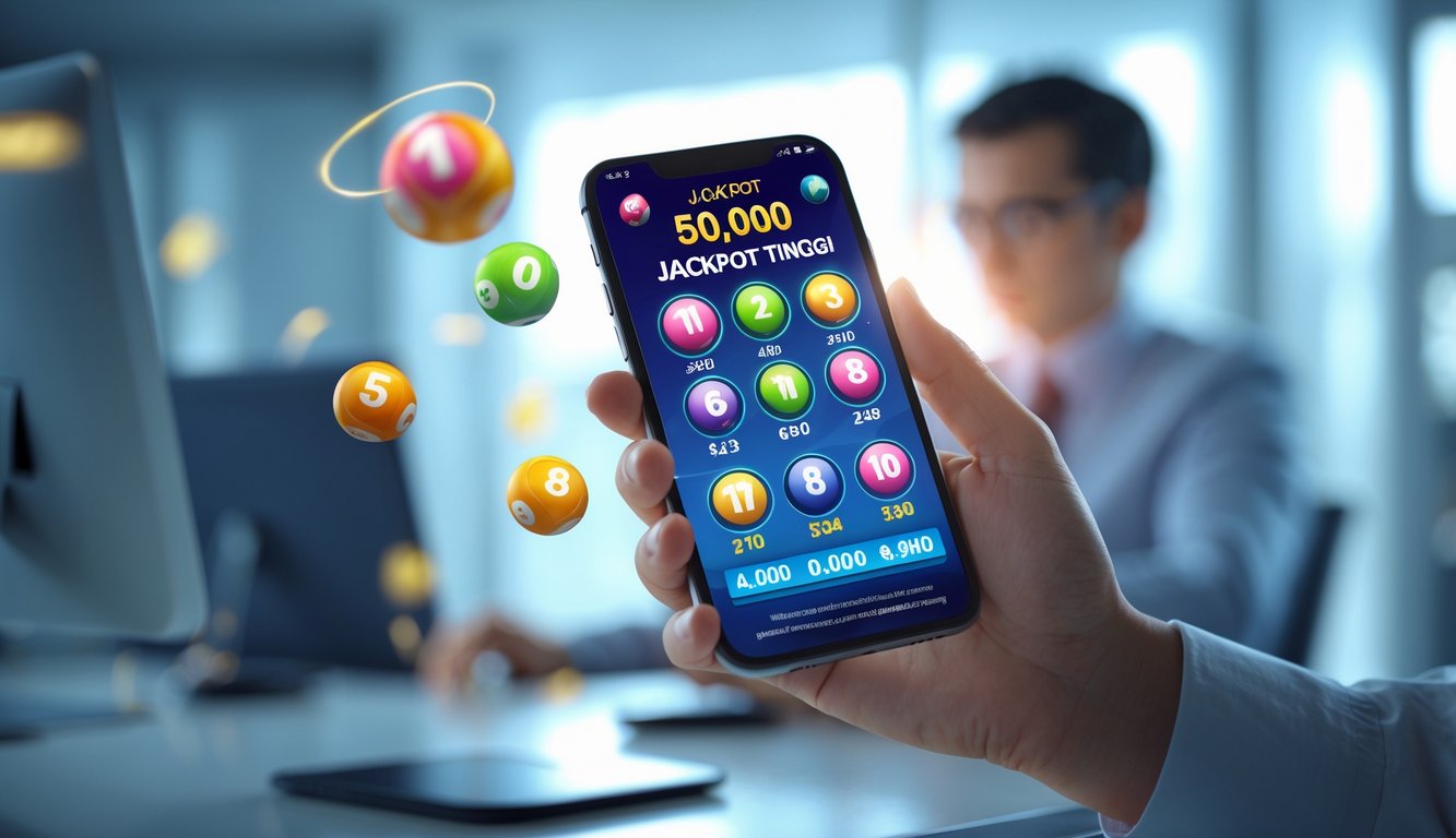Seseorang memegang ponsel yang menampilkan aplikasi togel online dengan angka dan jackpot yang terlihat jelas, dikelilingi bola togel berwarna-warni dalam suasana kantor modern.