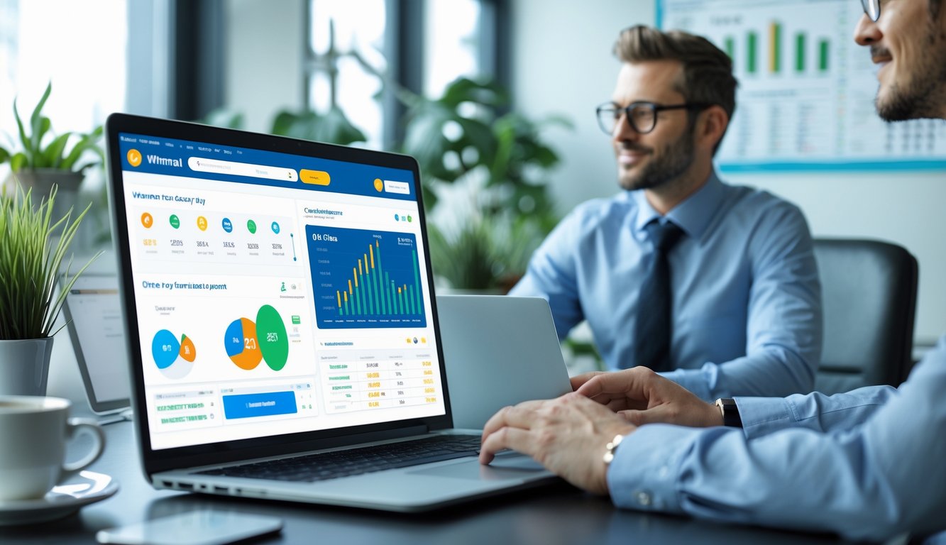 Seorang profesional sedang bekerja di meja dengan laptop dan ponsel yang menampilkan informasi terkait agen togel online.