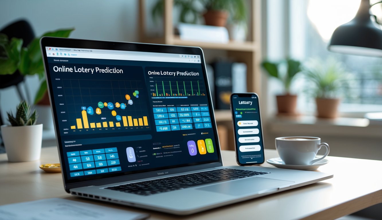 Meja kerja dengan laptop, ponsel, dan cangkir kopi di ruang kantor rumah yang nyaman.