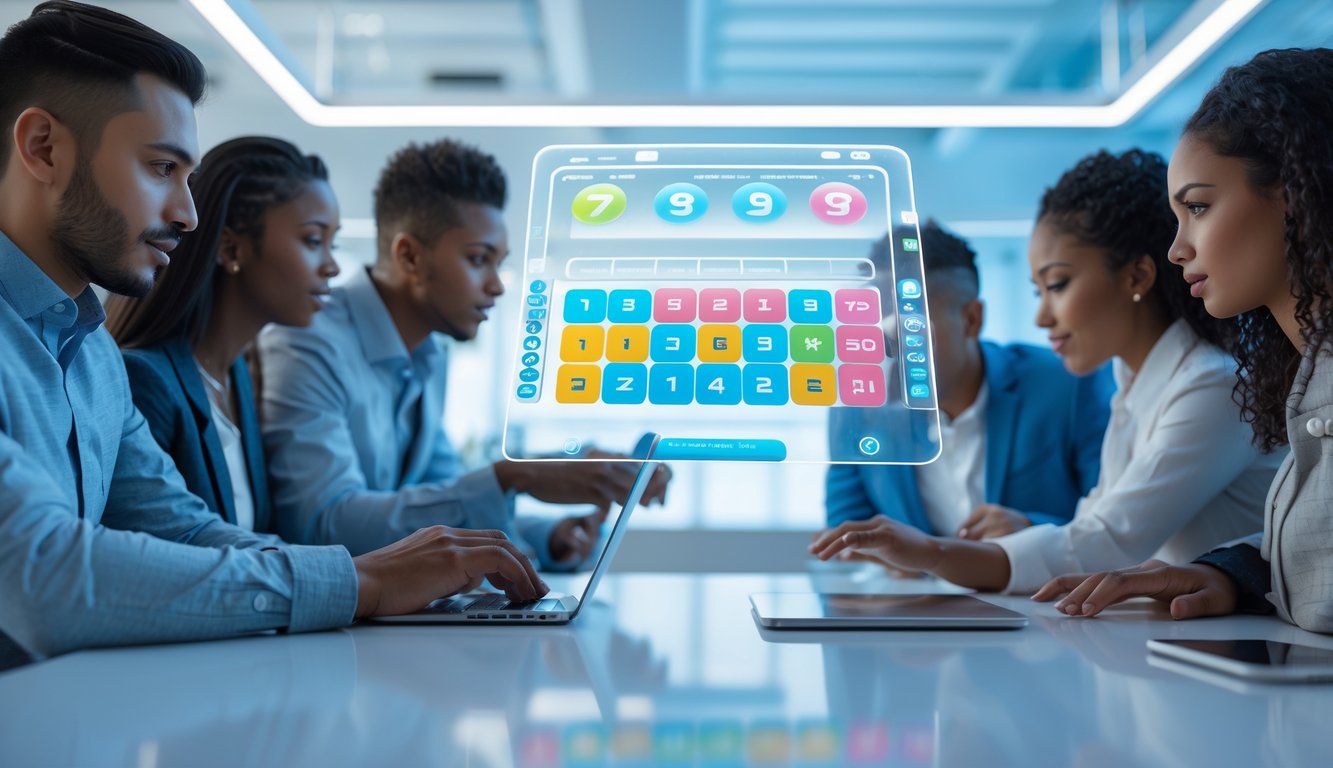 Orang-orang yang sedang menggunakan perangkat digital di ruang kantor modern dengan layar digital menampilkan angka dan grafik lotre.