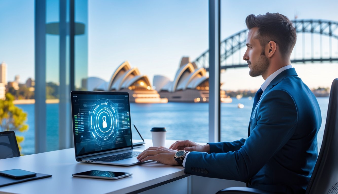 Seorang profesional duduk di kantor modern dengan pemandangan kota Sydney di latar belakang.