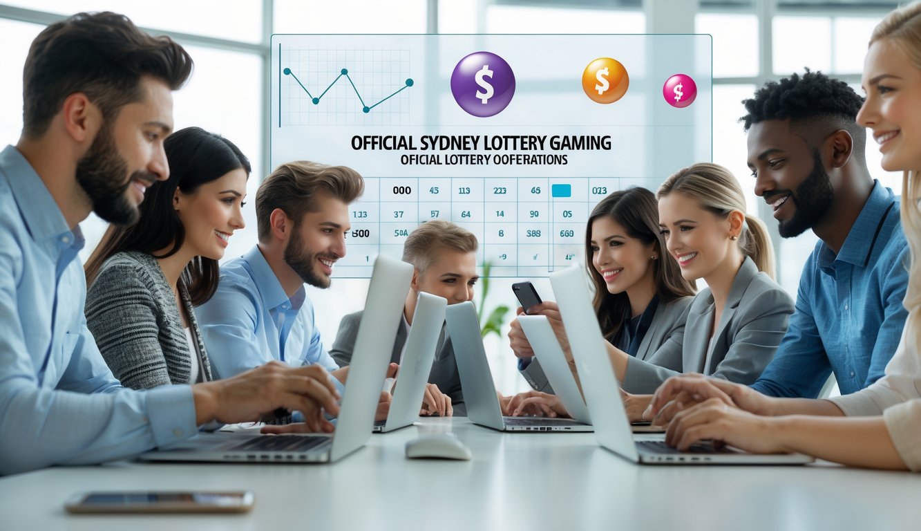 Sekelompok orang muda menggunakan laptop dan ponsel di kantor modern yang terang, fokus pada aktivitas permainan lotere online.