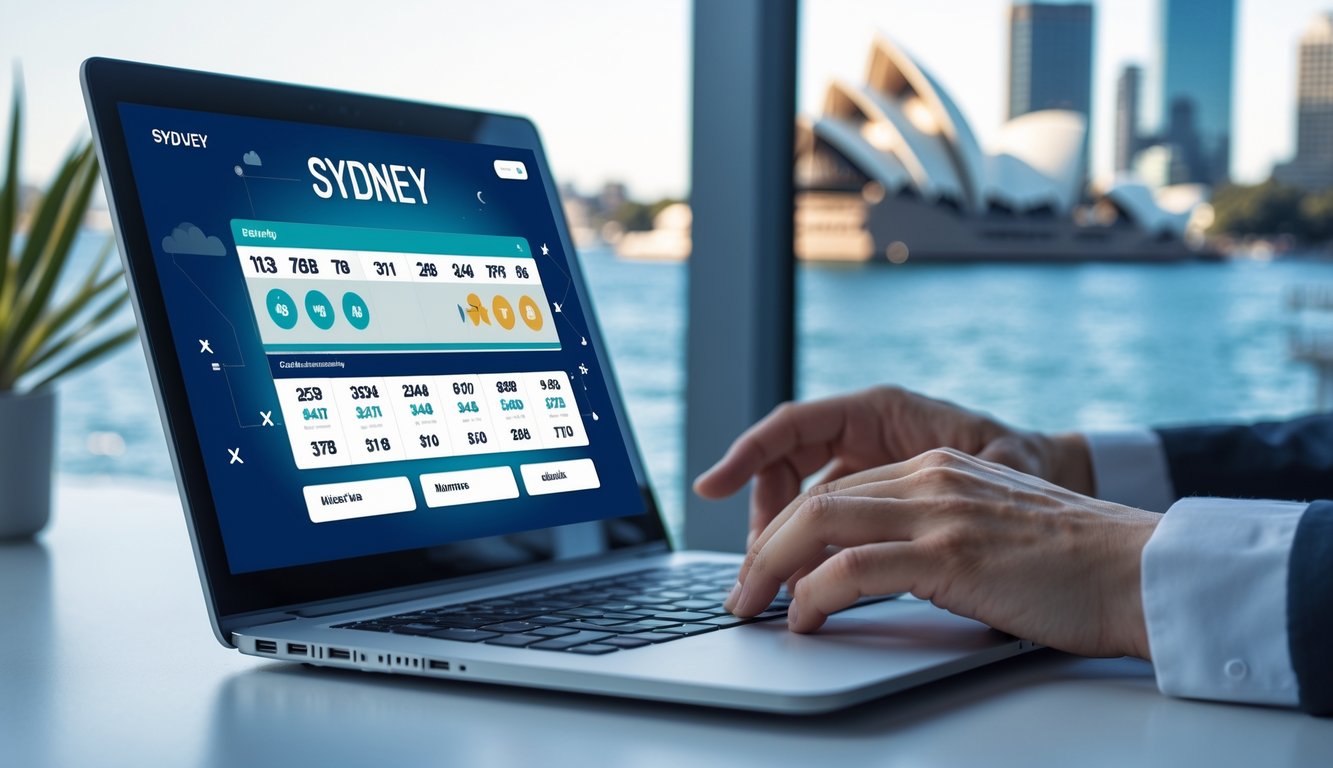 Seseorang menggunakan laptop atau ponsel di meja dengan latar belakang pemandangan kota Sydney yang samar.