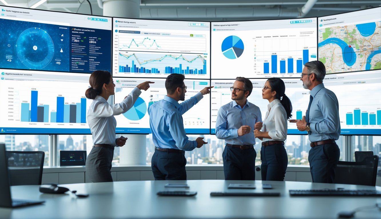 Sekelompok profesional sedang menganalisis data dan grafik tentang Sydney di layar digital di ruang kantor modern.