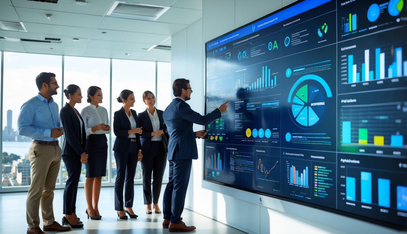 Sekelompok profesional sedang berdiskusi di ruang kantor modern dengan layar digital besar yang menampilkan data dan grafik terbaru.